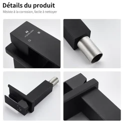 Robinet de Lavabo Cascade Noir Mitigeur de Lavabo Mono-trou Robinetterie Lave-mains Monocommande Robinet Salle de Bain