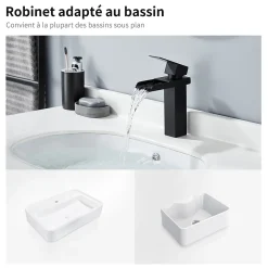 Robinet de Lavabo Cascade Noir Mitigeur de Lavabo Mono-trou Robinetterie Lave-mains Monocommande Robinet Salle de Bain
