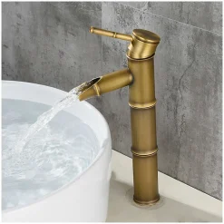 Robinet haut en bambou, mitigeur de lavabo cascade, robinet d'eau chaude et froide à un trou, bec de déconnexion à 3 joints
