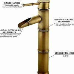 Robinet haut en bambou, mitigeur de lavabo cascade, robinet d'eau chaude et froide à un trou, bec de déconnexion à 3 joints