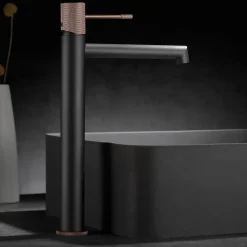 Robinet mitigeur monocommande TOUCHER à poser pour lavabo version haute (1 trou) Gris mat - Champagne Robinet à poser (sur vasque