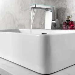 Robinet mitigeur pour lavabo ou vasque NT7320 effet cascade - chrome et verre