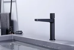 Robinet pour lavabo vasque et évier design en laiton peu bruyant et économe en eau - H. 21,5cm - Noir (mat)