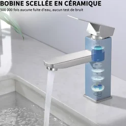 Robinet Salle Bain Carrée Mitigeur de lavabo Eau Froide Chaude Disponible Robinet Lavabo en Acier Inoxydable Mousseur Démontable