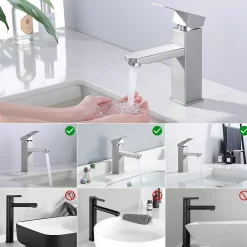 Robinet Salle Bain Carrée Mitigeur de lavabo Eau Froide Chaude Disponible Robinet Lavabo en Acier Inoxydable Mousseur Démontable