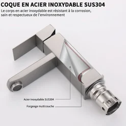 Robinet Salle Bain Carrée Mitigeur de lavabo Eau Froide Chaude Disponible Robinet Lavabo en Acier Inoxydable Mousseur Démontable
