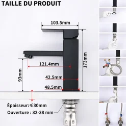 Robinet Salle Bain Noir Mitigeur Lavabo en Laiton Mitigeur Salle de Bain Contient des Tuyaux Chauds et Froids