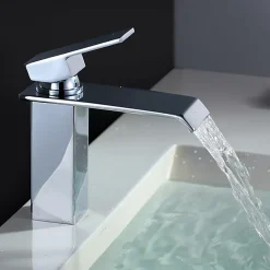 Robinet Salle de Bain Cascade Robinet de Lavabo en Laiton Mitigeur de Salle de Bain Chromé Forme Carré