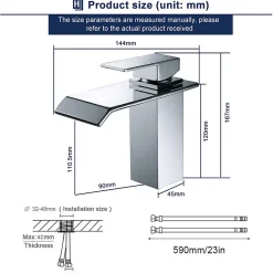 Robinet Salle de Bain Cascade Robinet de Lavabo en Laiton Mitigeur de Salle de Bain Chromé Forme Carré