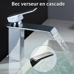 Robinet Salle de Bain Cascade Robinet de Lavabo en Laiton Mitigeur de Salle de Bain Chromé Forme Carré