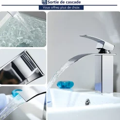 Robinet Salle de Bain Cascade Mitigeur de Lavabo en Laiton Robinet à Deux Voies Chromé