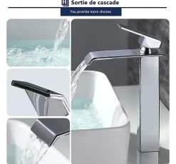 Robinet Salle de Bain Cascade Mitigeur de Lavabo Haut Robinetterie pour Vasque Chromé Design Moderne