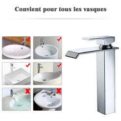 Robinet Salle de Bain Cascade Mitigeur de Lavabo Haut Robinetterie pour Vasque Chromé Design Moderne