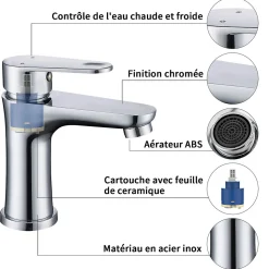 Robinet Salle de Bain Chromé Mitigeur de Lavabo à Deux Voies pour Salle de Bain Robinet Lavabo en Acier Inox