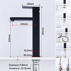 Robinet Salle de Bain Haut Mitigeur Salle Bain pour Vasque Robinet de Lavabo avec Poignée Carré Design Moderne Noir