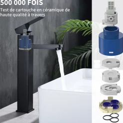 Robinet Salle de Bain Haut Mitigeur Salle Bain pour Vasque Robinet de Lavabo avec Poignée Carré Design Moderne Noir