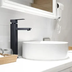 Robinet Salle de Bain Haut Mitigeur Salle Bain pour Vasque Robinet de Lavabo avec Poignée Carré Design Moderne Noir