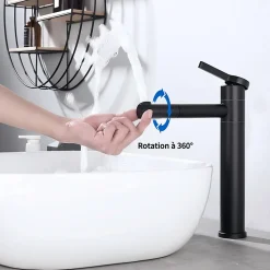 Robinet Salle de Bain Noir Mitigeur pour Vasque Haut Bec Pivotant Robinetterie de Lavabo en Acier Inox Design Moderne