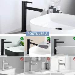 Robinet Salle de Bain Noir Mitigeur pour Vasque Haut Bec Pivotant Robinetterie de Lavabo en Acier Inox Design Moderne
