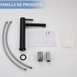 Robinet Salle de Bain Noir Mitigeur pour Vasque Haut Bec Pivotant Robinetterie de Lavabo en Acier Inox Design Moderne