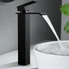 Robinet Salle de Bain Noir Cascade Grand Mitigeur Lavabo en Laiton Robinetterie Lave-mains pour Vaque Salle de Bain Design Moderne