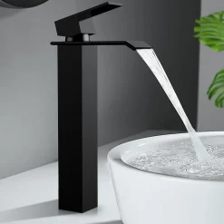 Robinet Salle de Bain Noir Cascade Grand Mitigeur Lavabo en Laiton Robinetterie Lave-mains pour Vaque Salle de Bain Design Moderne
