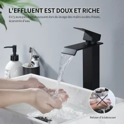 Robinet Salle de Bain Noir Cascade Grand Mitigeur Lavabo en Laiton Robinetterie Lave-mains pour Vaque Salle de Bain Design Moderne