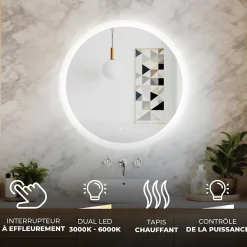 Rond Miroir Salle de Bain 80cm, Miroir led avec Tactile, Systeme Couleur DUAL LED et Fonction Anti-buée