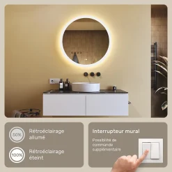 Rond Miroir Salle de Bain 80cm, Miroir led avec Tactile, Systeme Couleur DUAL LED et Fonction Anti-buée