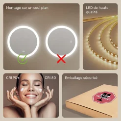 Rond Miroir Salle de Bain 80cm, Miroir led avec Tactile, Systeme Couleur DUAL LED et Fonction Anti-buée