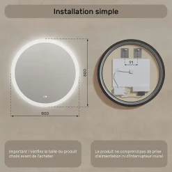 Rond Miroir Salle de Bain 80cm, Miroir led avec Tactile, Systeme Couleur DUAL LED et Fonction Anti-buée