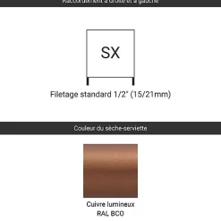 Sèche-serviette eau chaude cuivre lumineux de 860mm de haut et 500mm de large - 422 Watt - DEX860/500SXBCO