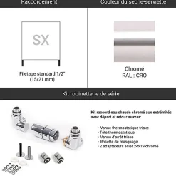 Sèche-serviette eau chaude chromé de 1479mm de haut et 600mm de large - 559 Watt - DOM1479/600SXCROK