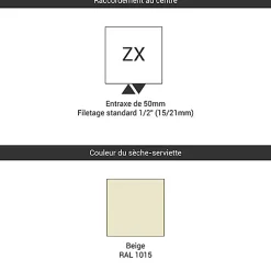 Sèche-serviette eau chaude beige de 835mm de haut et 500mm de large - 332 Watt - ZIG835/500ZX1015