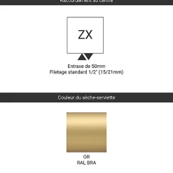 Sèche-serviette eau chaude doré de 1140mm de haut et 500mm de large - 591 Watt - ALE1140/500ZXBRA