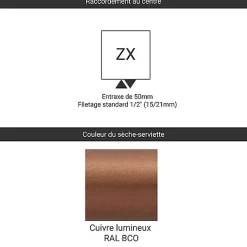 Sèche-serviette eau chaude cuivre lumineux de 1760mm de haut et 400mm de large - 646 Watt - DEX1760/400ZXBCO