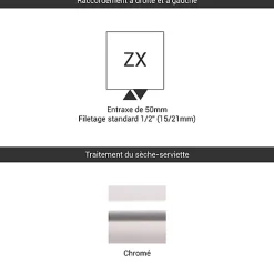 Sèche-serviette eau chaude chromé de 600mm de haut / 500mm de large - 174 Watt - ZIG600/500ZXCRO