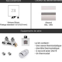Sèche-serviette eau chaude chromé de 1070mm de haut et 500mm de large - 285 Watt - ZIG1070/500KDZ8CRO