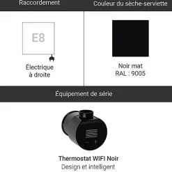 Sèche-serviette électrique noir thermostat wifi - HxL 630x1565mm - 1500 Watt - WAR630/1565ROE8NW