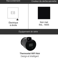 Sèche-serviette électrique noir thermostat wifi - HxL 1460x300mm - 800 Watt - LIM1460/300E8NW
