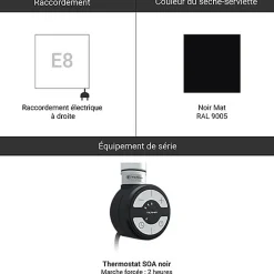 Sèche-serviette électrique noir de 1770mm de haut et 500mm de large - 1200 Watt - RIB1770/500TE8SOAN