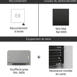 Sèche-serviette électrique noir de 1180mm de haut et 500mm de large - 600 Watt - POL1180/500E8NBLO