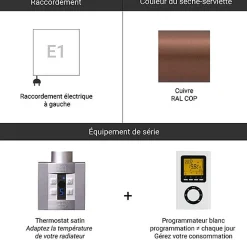Sèche-serviette électrique programmable cuivré - HxL : 753x500 - 300 Watt - JAD753/500E1COPP