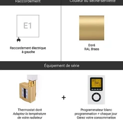 Sèche-serviette électrique programmable doré - HxL 1780x500 mm - 600 Watt - ZIG1780/500E1BRAP