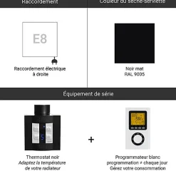 Sèche-serviette électrique programmable noir - HxL 1600x390mm - 800 Watt - CAN1600/390E8NP