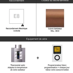Sèche-serviette électrique programmable cuivré - HxL 1110x600mm - 800 Watt - WAR1110/600SE8BCOP