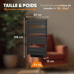 Sèche-serviette électrique sans fluide avec soufflerie 500 + 1000 W H.108,4xL60cm BESTHERM HANAE noir
