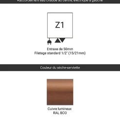 Sèche-serviette mixte cuivre lumineux de 1710mm de haut et 400mm de large - 531 Watt - VIP1710/400Z1BCO