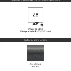 Sèche-serviette mixte gris de 1380mm de haut 630mm de large - 711 Watt - FIO1380/630Z8RGY