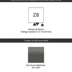 Sèche-serviette mixte gris de 1260mm de haut et 500mm de large - 503 Watt - BON1260/500Z8MST